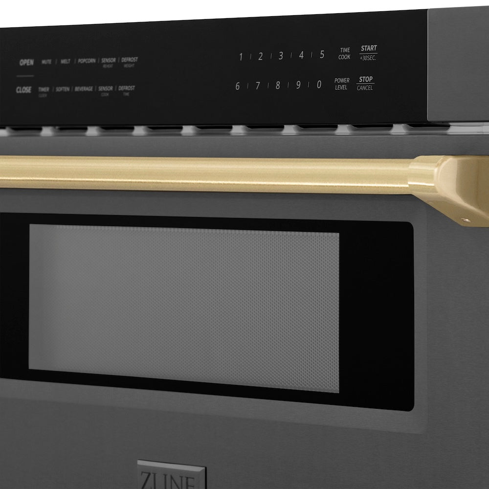 ZLINE Autograph Edition 30-inch microwave in black stainless steel and champagne bronze accents MWDZ-30-BS-CB, detail