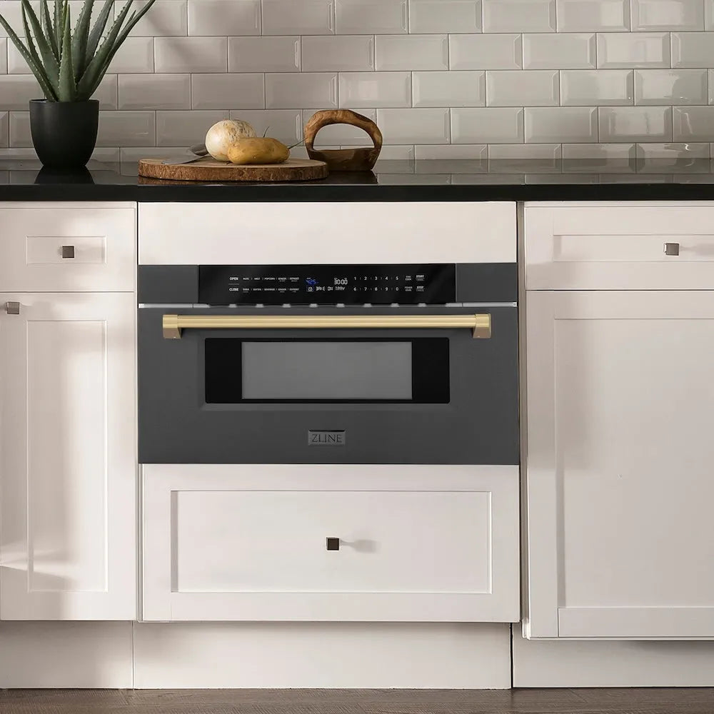 ZLINE Autograph Edition 30-inch microwave in black stainless steel and champagne bronze accents MWDZ-30-BS-CB, view 2