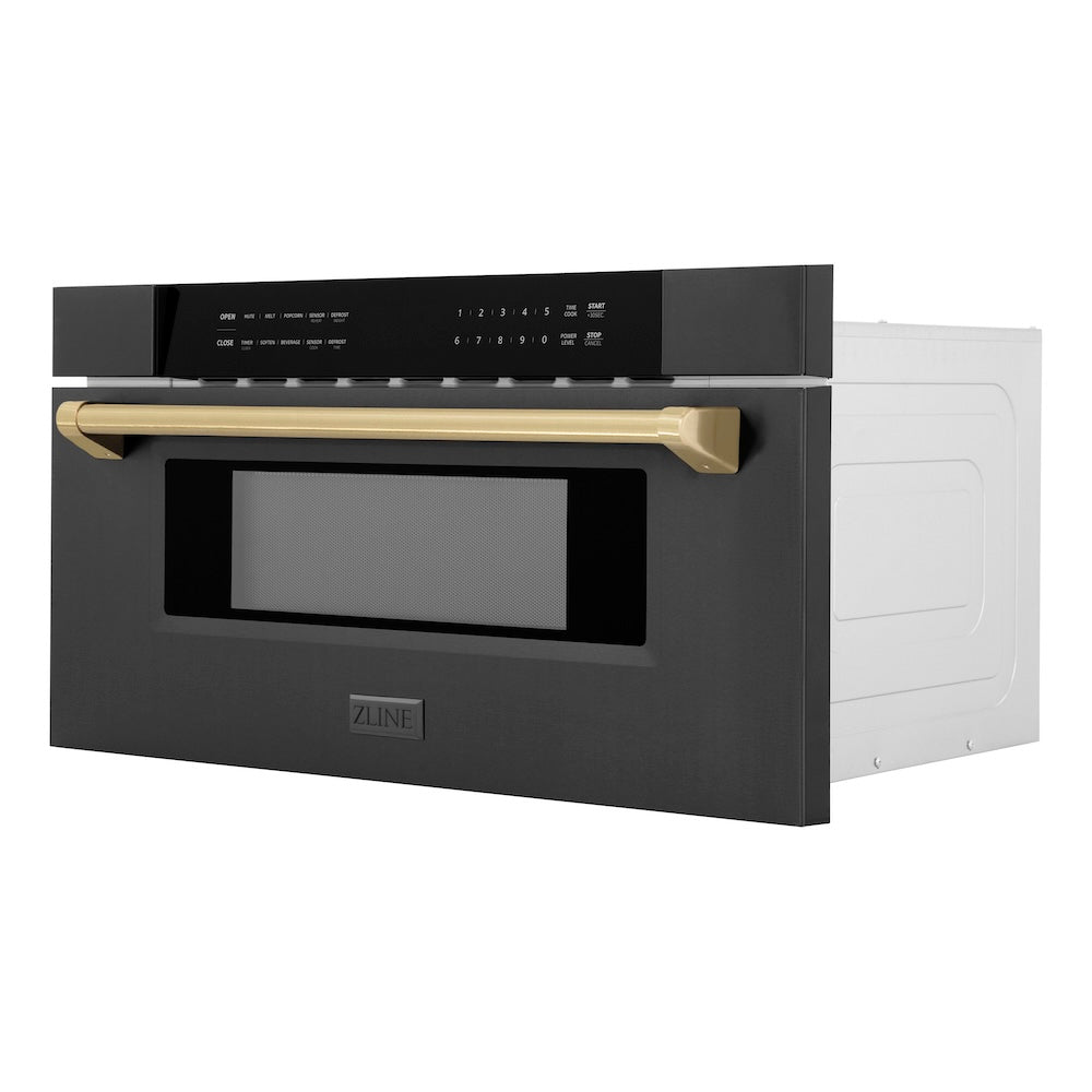 ZLINE Autograph Edition 30-inch microwave in black stainless steel and champagne bronze accents MWDZ-30-BS-CB, side view