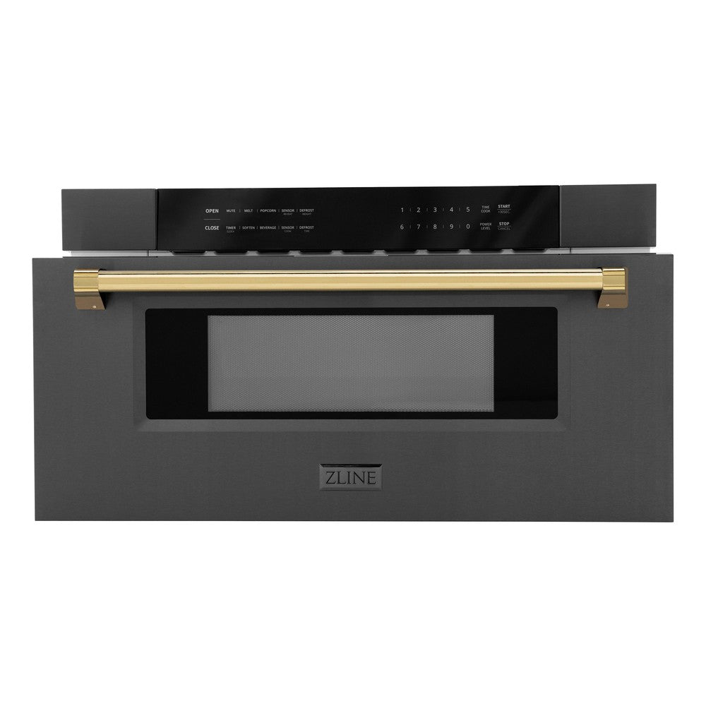 ZLINE Autograph Edition 30-inch microwave in black stainless steel and polished gold accents MWDZ-30-BS-G, front view