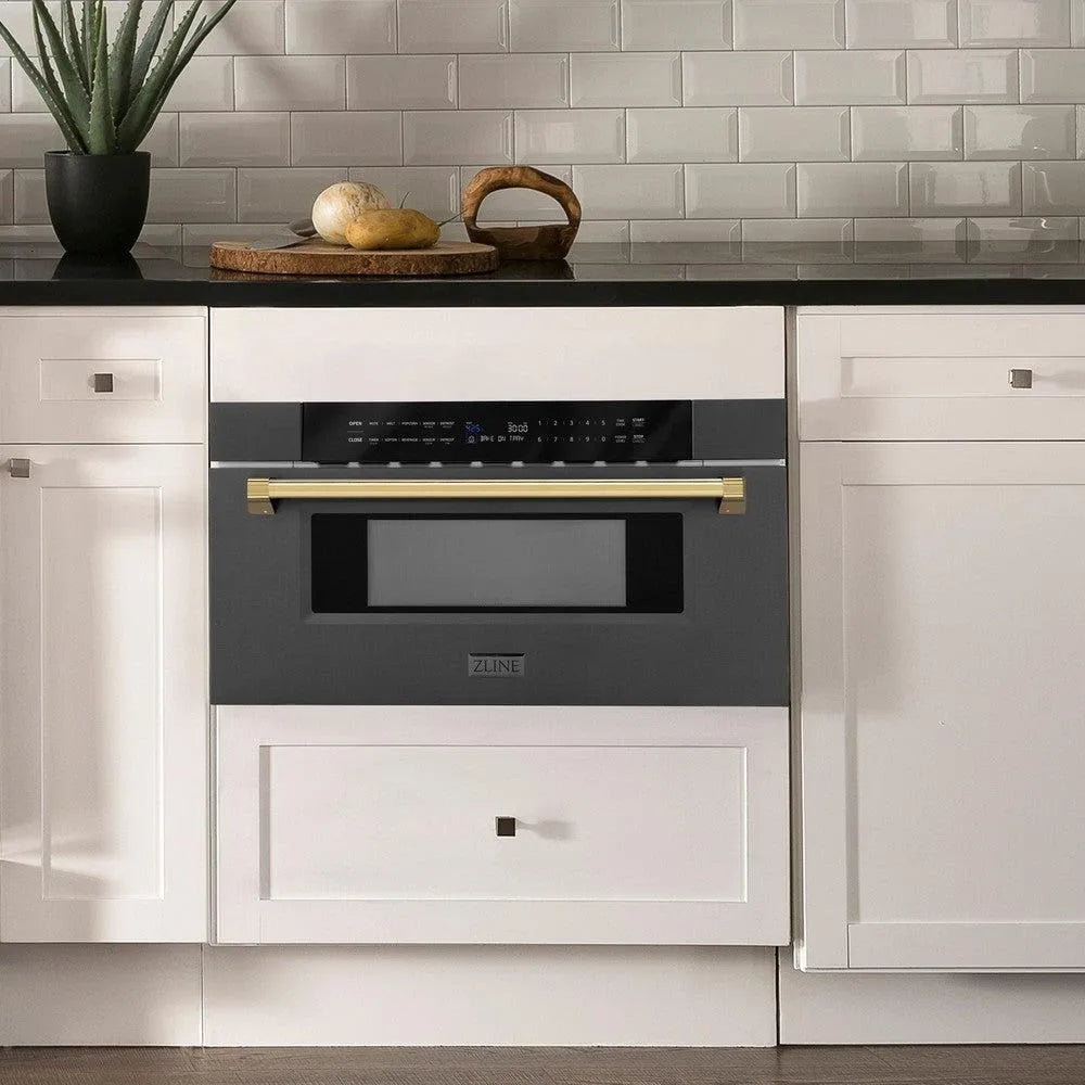 ZLINE Autograph Edition 30-inch microwave in black stainless steel and polished gold accents MWDZ-30-BS-G, view 2