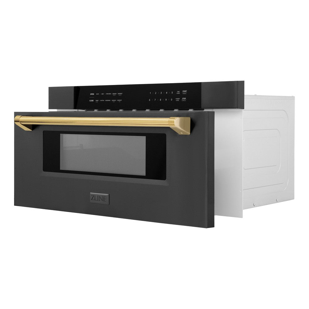 ZLINE Autograph Edition 30-inch microwave in black stainless steel and polished gold accents MWDZ-30-BS-G, door open