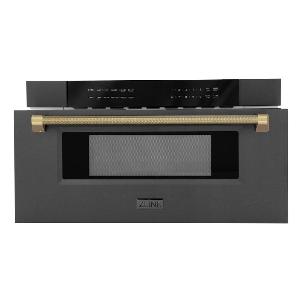ZLINE Autograph Edition 30-inch microwave in black stainless steel and champagne bronze accents MWDZ-30-BS-KCB, front view