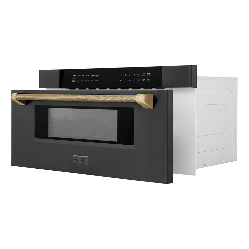 ZLINE Autograph Edition 30-inch microwave in black stainless steel and champagne bronze accents MWDZ-30-BS-KCB, door open