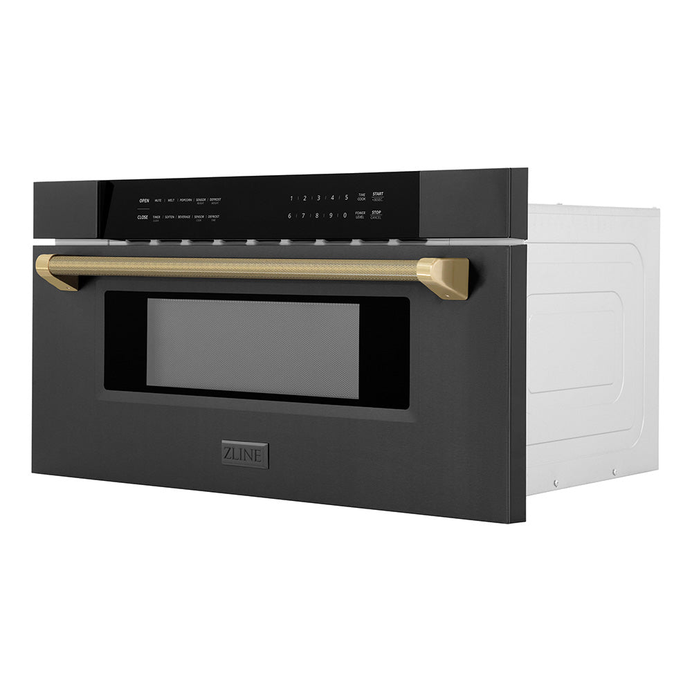 ZLINE Autograph Edition 30-inch microwave in black stainless steel and champagne bronze accents MWDZ-30-BS-KCB, side view