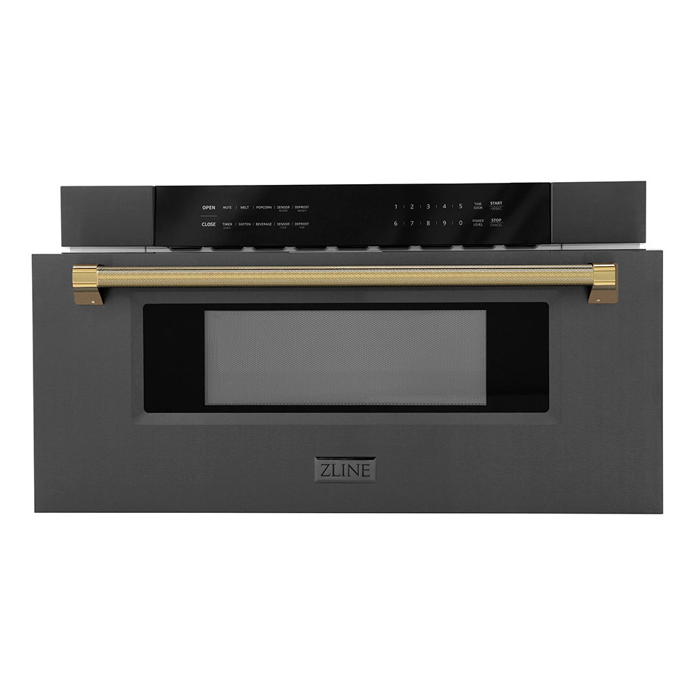 ZLINE Autograph Edition 30-inch microwave in black stainless steel and polished gold accents MWDZ-30-BS-KG, front view