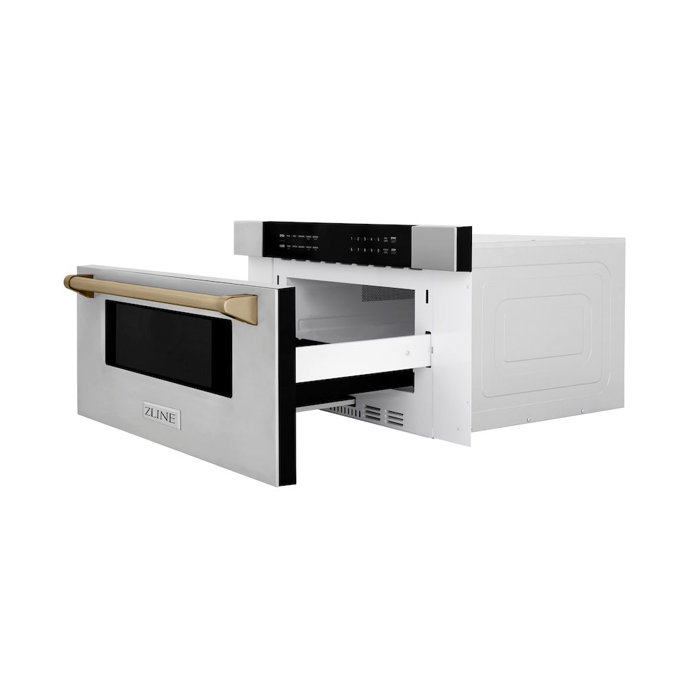 ZLINE Autograph Edition 30-inch microwave in stainless steel and champagne bronze accents MWDZ-30-CB, door open