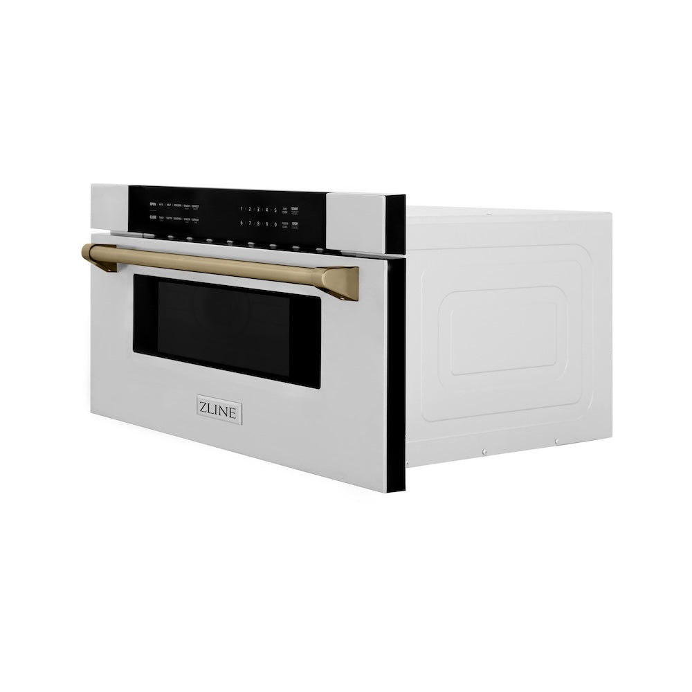 ZLINE Autograph Edition 30-inch microwave in stainless steel and champagne bronze accents MWDZ-30-CB, side view