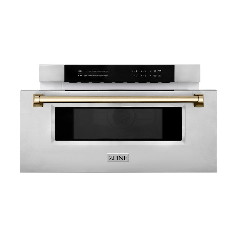 ZLINE Autograph Edition 30-inch microwave in stainless steel and polished gold accents MWDZ-30-G, front view
