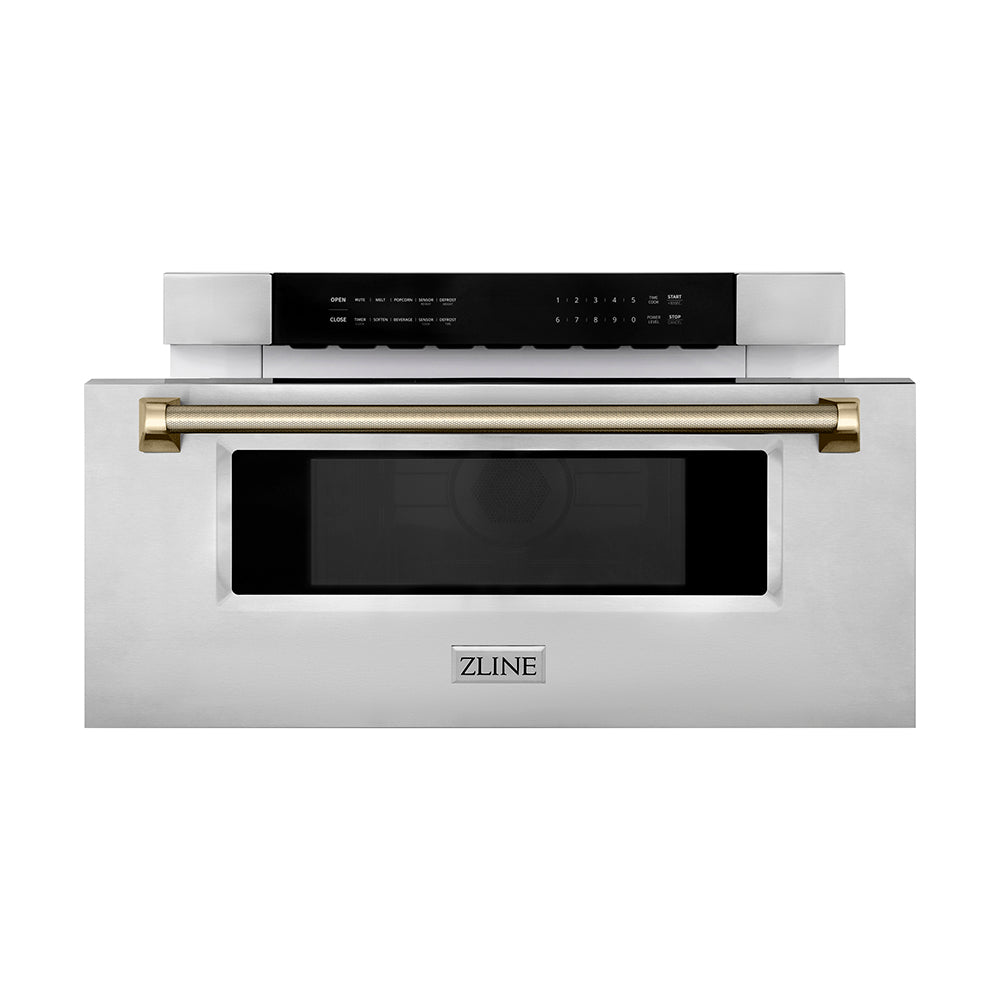 ZLINE Autograph Edition 30-inch microwave in stainless steel and polished gold accents MWDZ-30-KG, front view