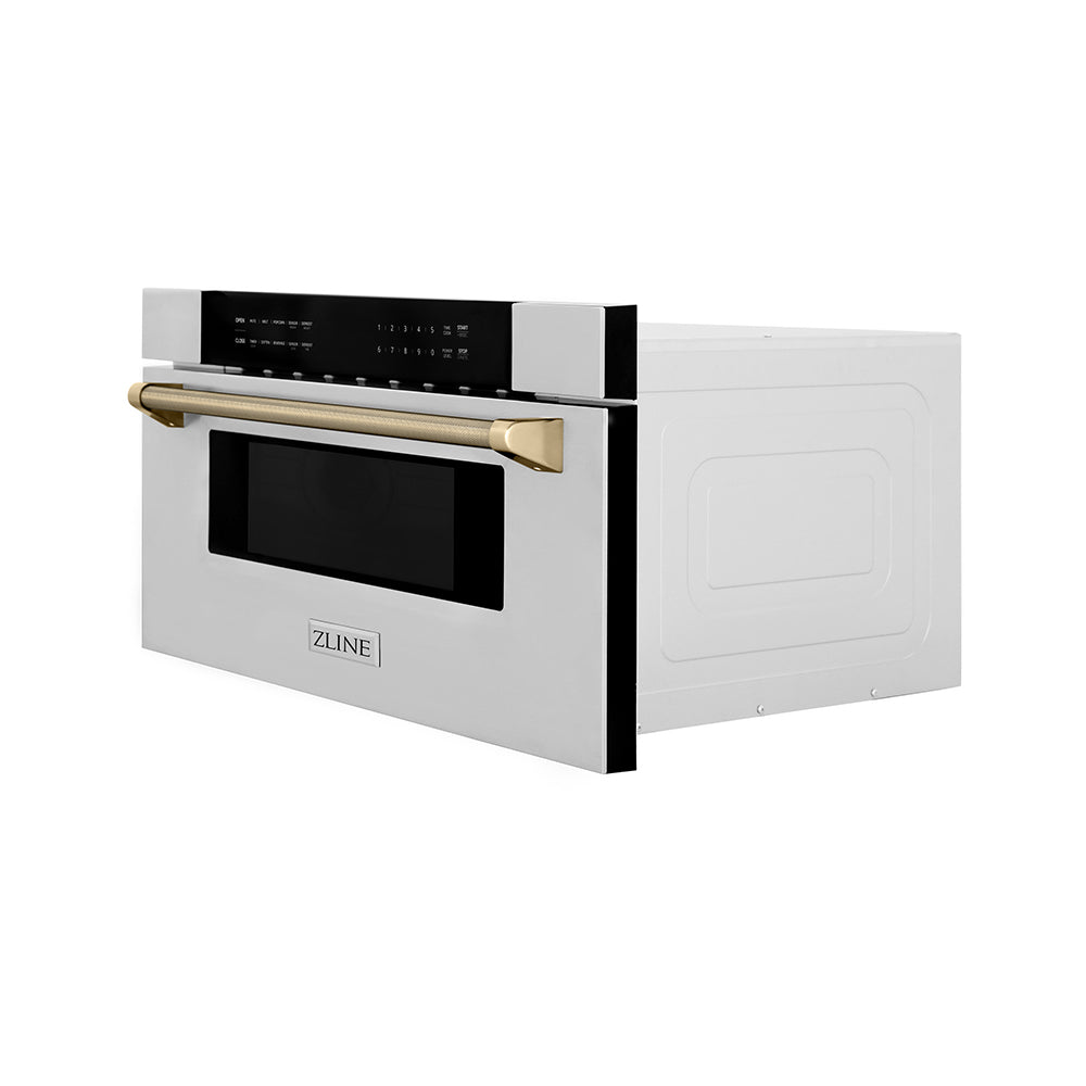 ZLINE Autograph Edition 30-inch microwave in stainless steel and polished gold accents MWDZ-30-KG, side view