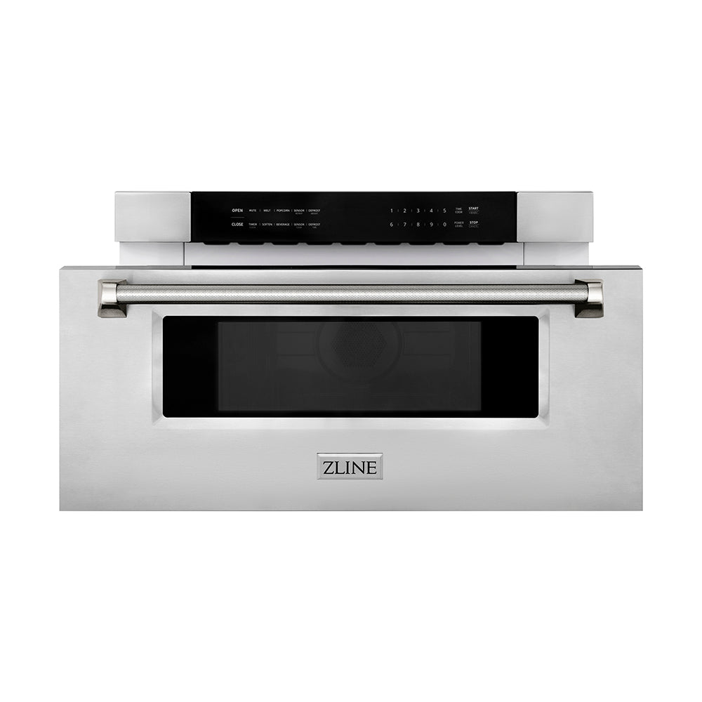 ZLINE Autograph Edition 30-inch microwave in stainless steel and polished nickel accents MWDZ-30-KPN, front view