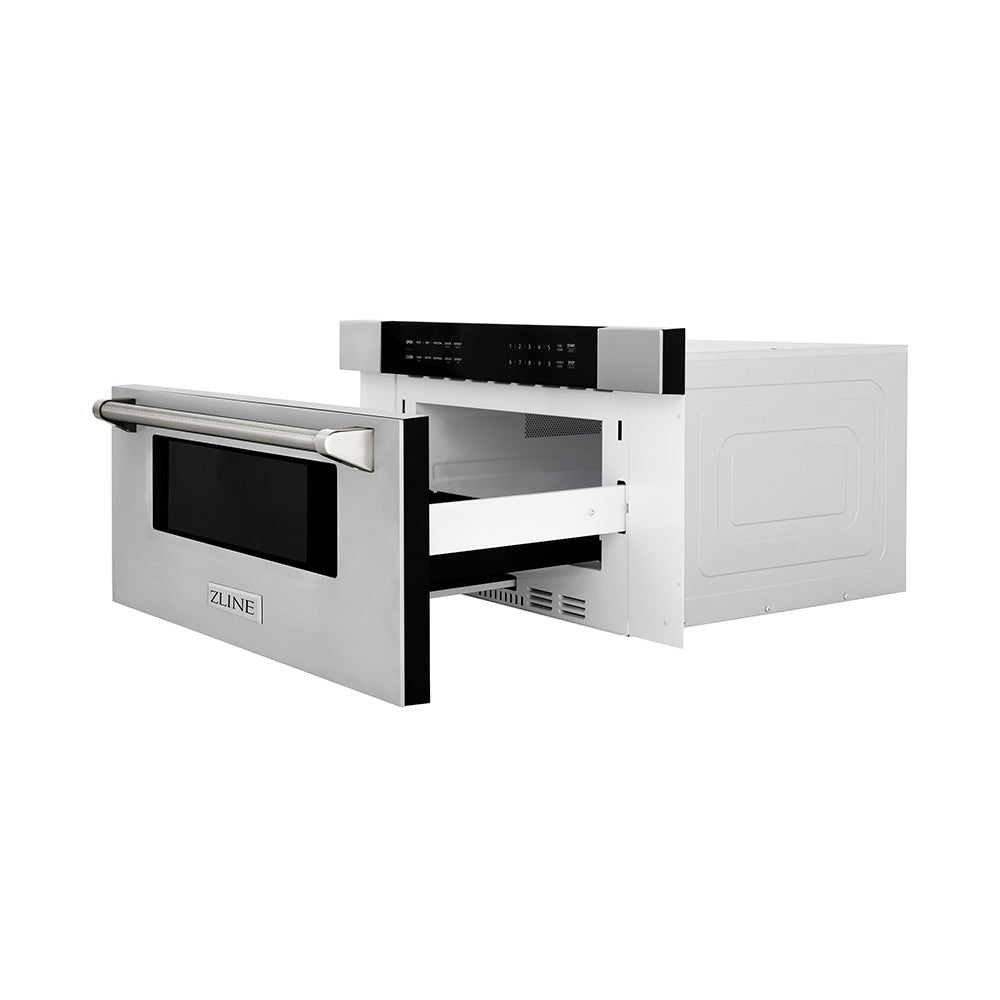 ZLINE Autograph Edition 30-inch microwave in stainless steel and polished nickel accents MWDZ-30-KPN, door open