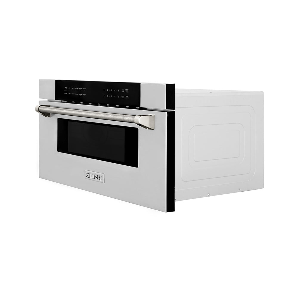 ZLINE Autograph Edition 30-inch microwave in stainless steel and polished nickel accents MWDZ-30-KPN, side view