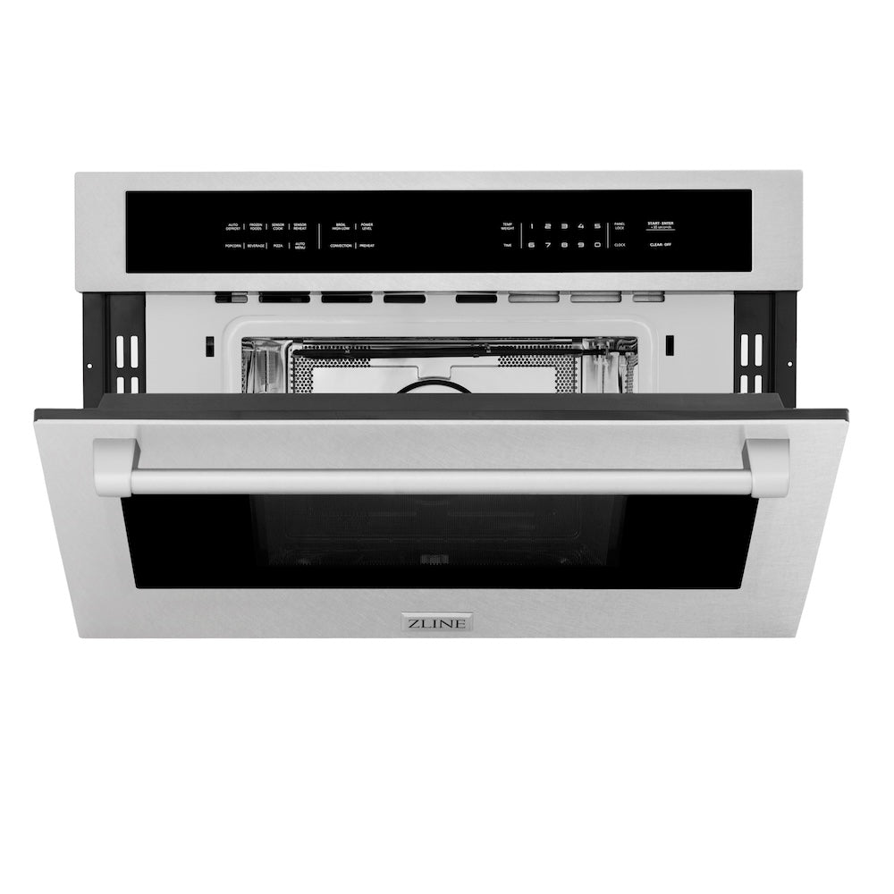 ZLINE 30-inch microwave in satin stainless steel MWO-30-SS, door open