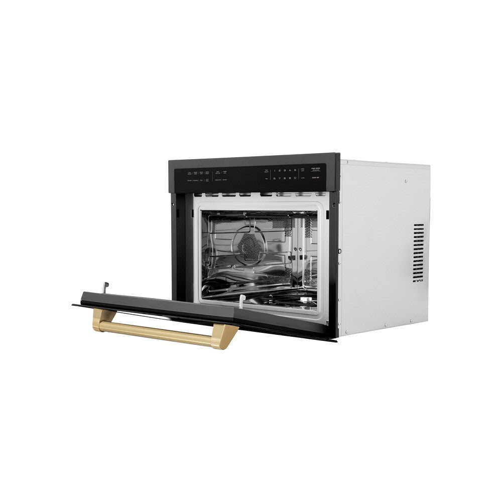 ZLINE Autograph Edition 24-inch microwave in black stainless steel and champagne bronze accents MWOZ-24-BS-CB, door open