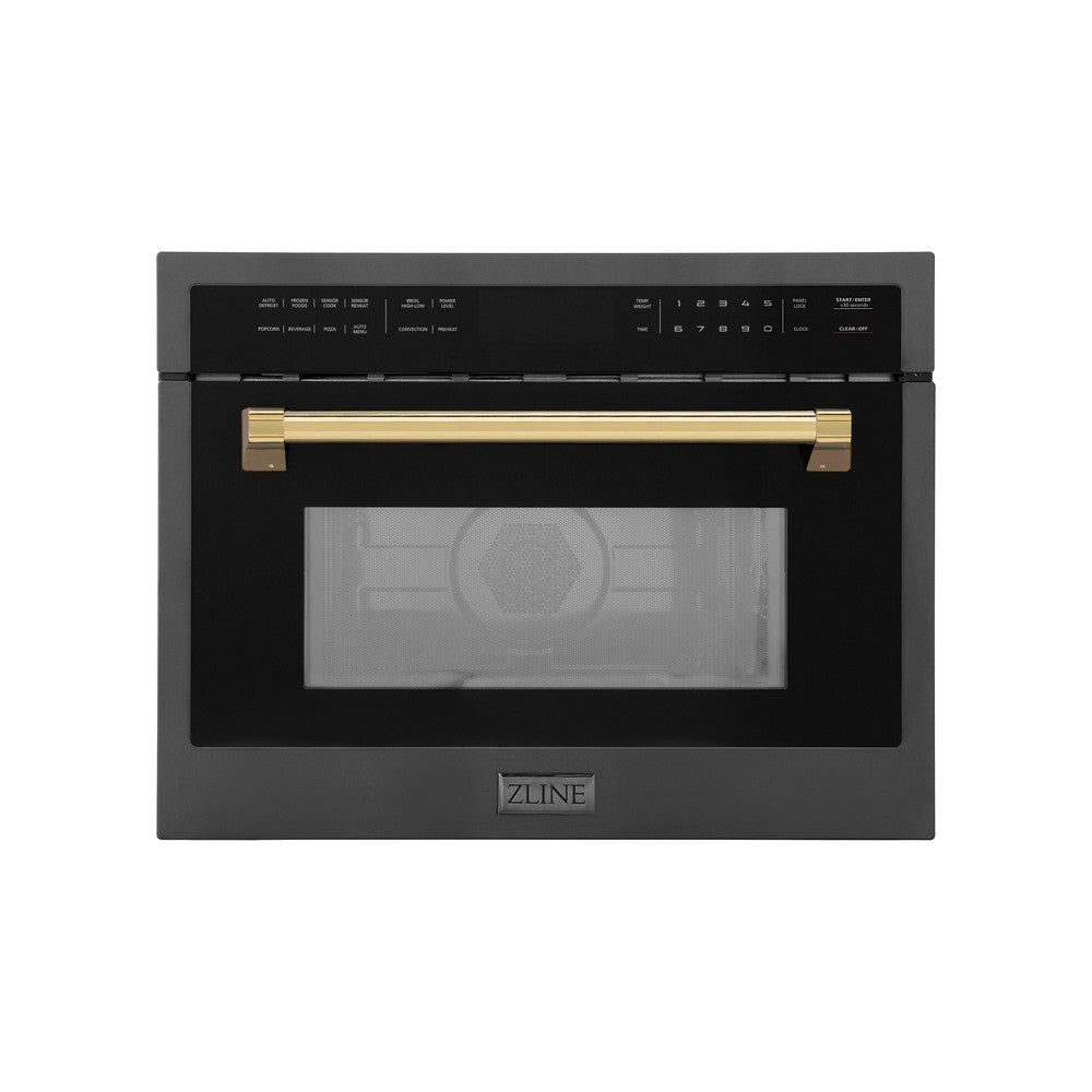 ZLINE Autograph Edition 24-inch microwave in black stainless steel and polished gold accents MWOZ-24-BS-G, front view