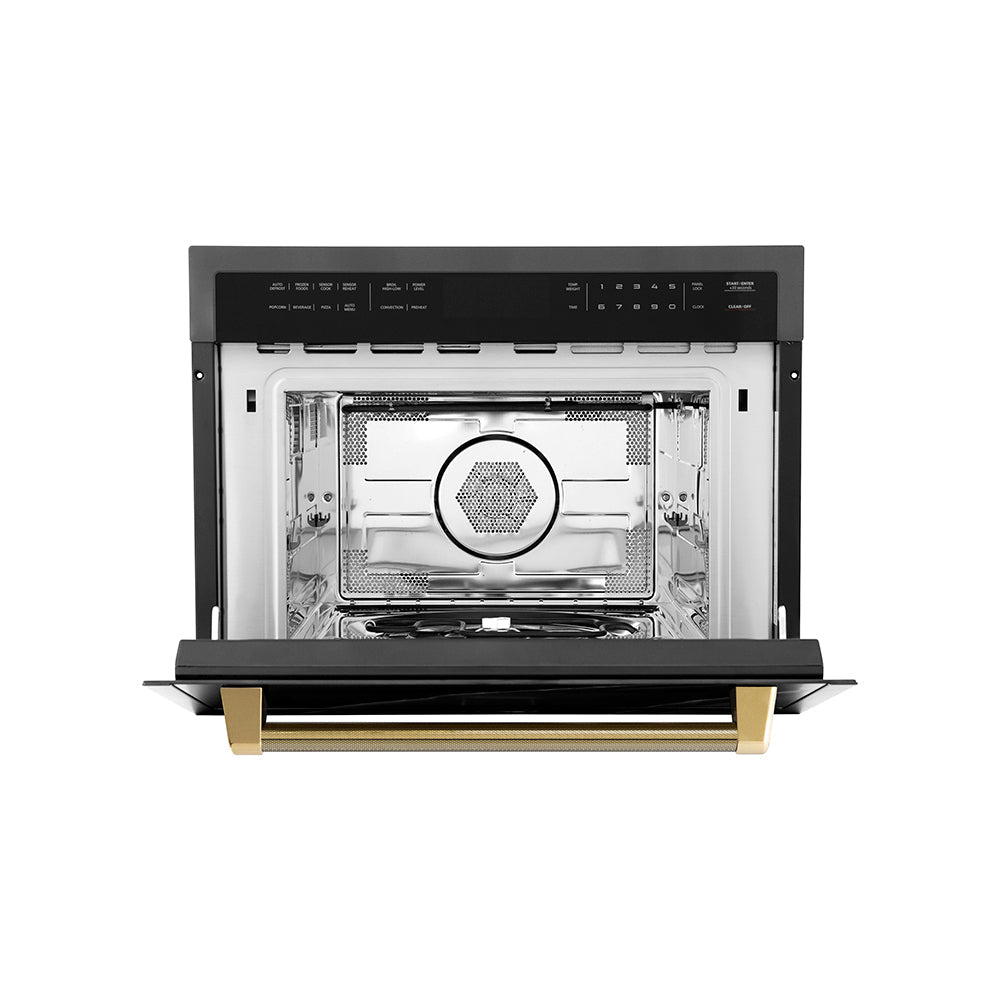 ZLINE Autograph Edition 24-inch microwave in black stainless steel and polished gold accents MWOZ-24-BS-KG, front view