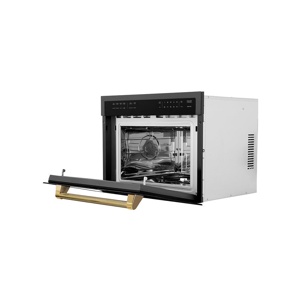 ZLINE Autograph Edition 24-inch microwave in black stainless steel and polished gold accents MWOZ-24-BS-KG, door open