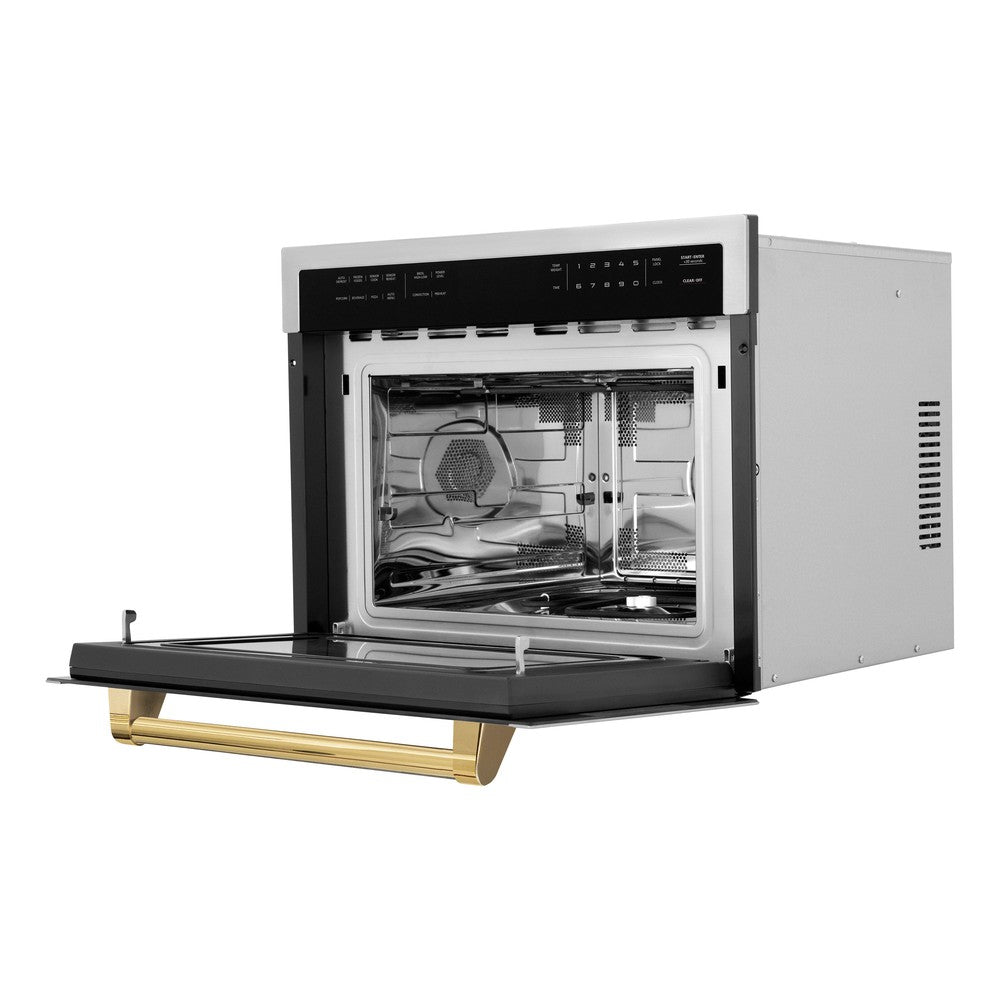 ZLINE Autograph Edition 24-inch microwave in stainless steel and polished gold accents MWOZ-24-G, door open