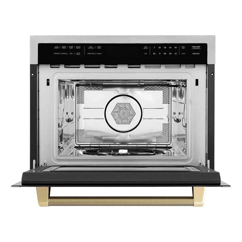 ZLINE Autograph Edition 24-inch microwave in stainless steel and champagne bronze accents MWOZ-24-KCB, front view