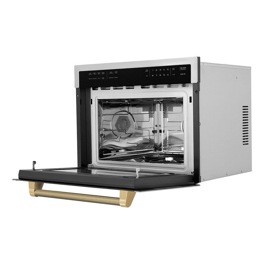 ZLINE Autograph Edition 24-inch microwave in stainless steel and champagne bronze accents MWOZ-24-KCB, door open