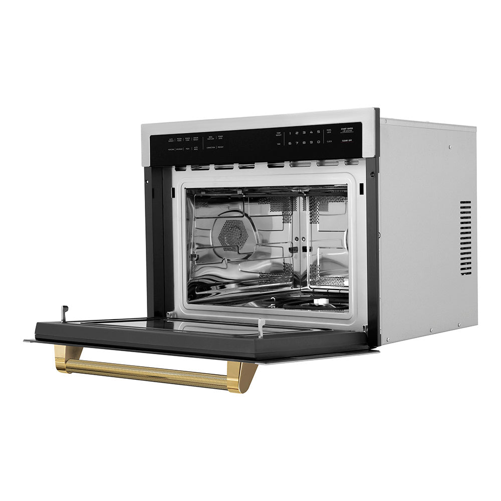 ZLINE Autograph Edition 24-inch microwave in stainless steel and polished gold accents MWOZ-24-KG, door open
