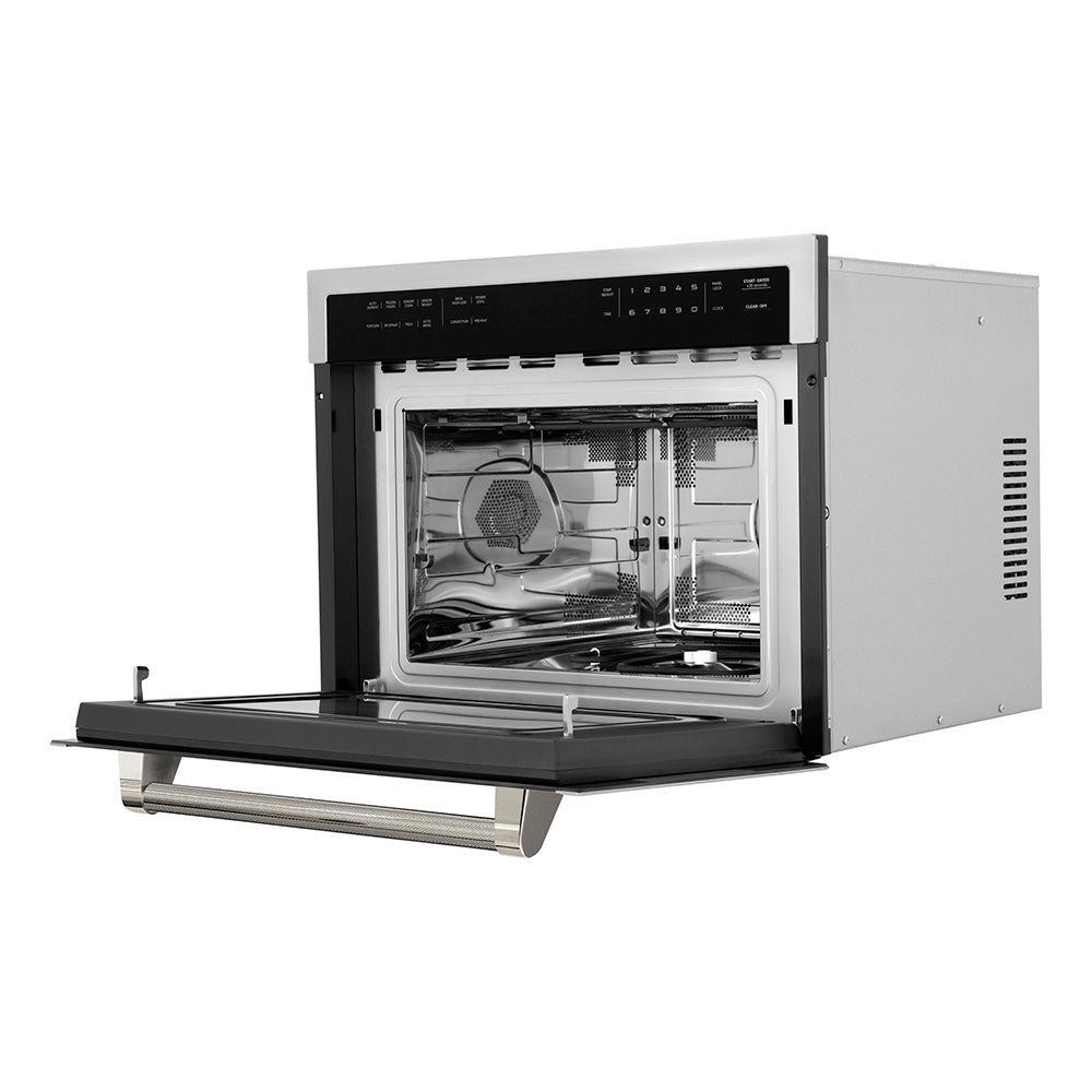 ZLINE Autograph Edition 24-inch microwave in stainless steel and polished nickel accents MWOZ-24-KPN, door open