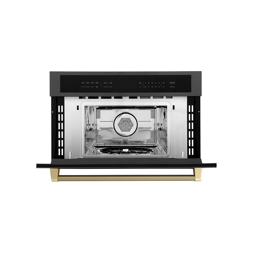 ZLINE Autograph Edition 30-inch microwave in black stainless steel and champagne bronze accents MWOZ-30-BS-KCB, front view