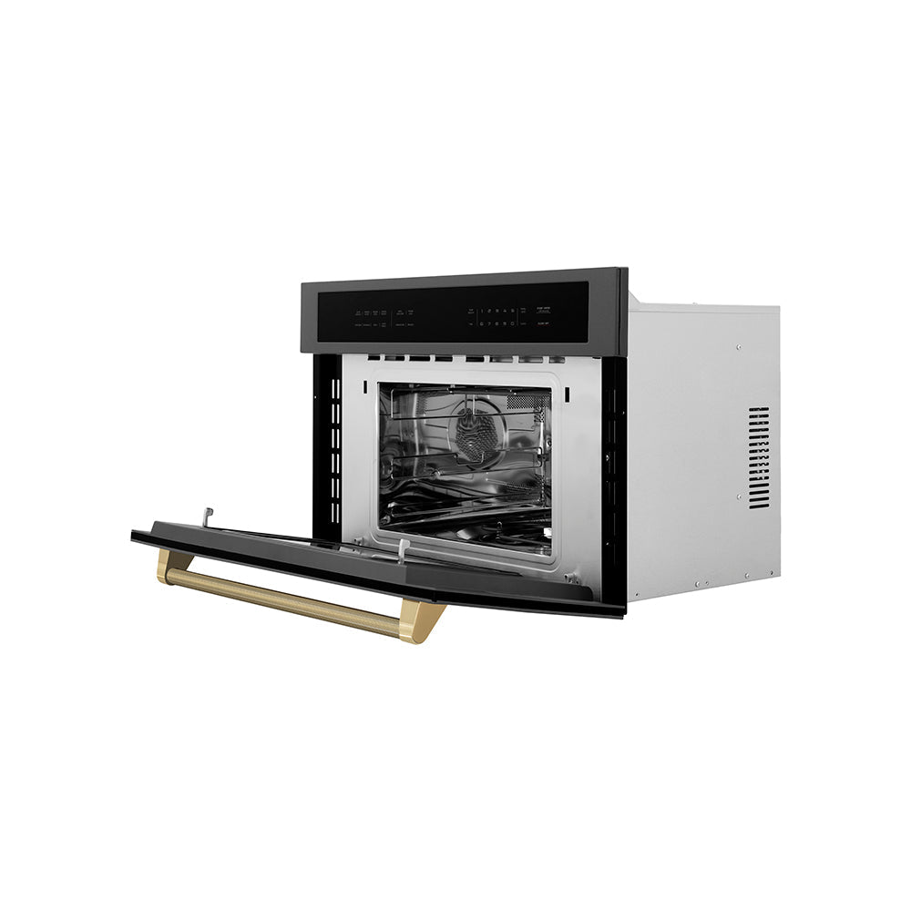 ZLINE Autograph Edition 30-inch microwave in black stainless steel and champagne bronze accents MWOZ-30-BS-KCB, door open