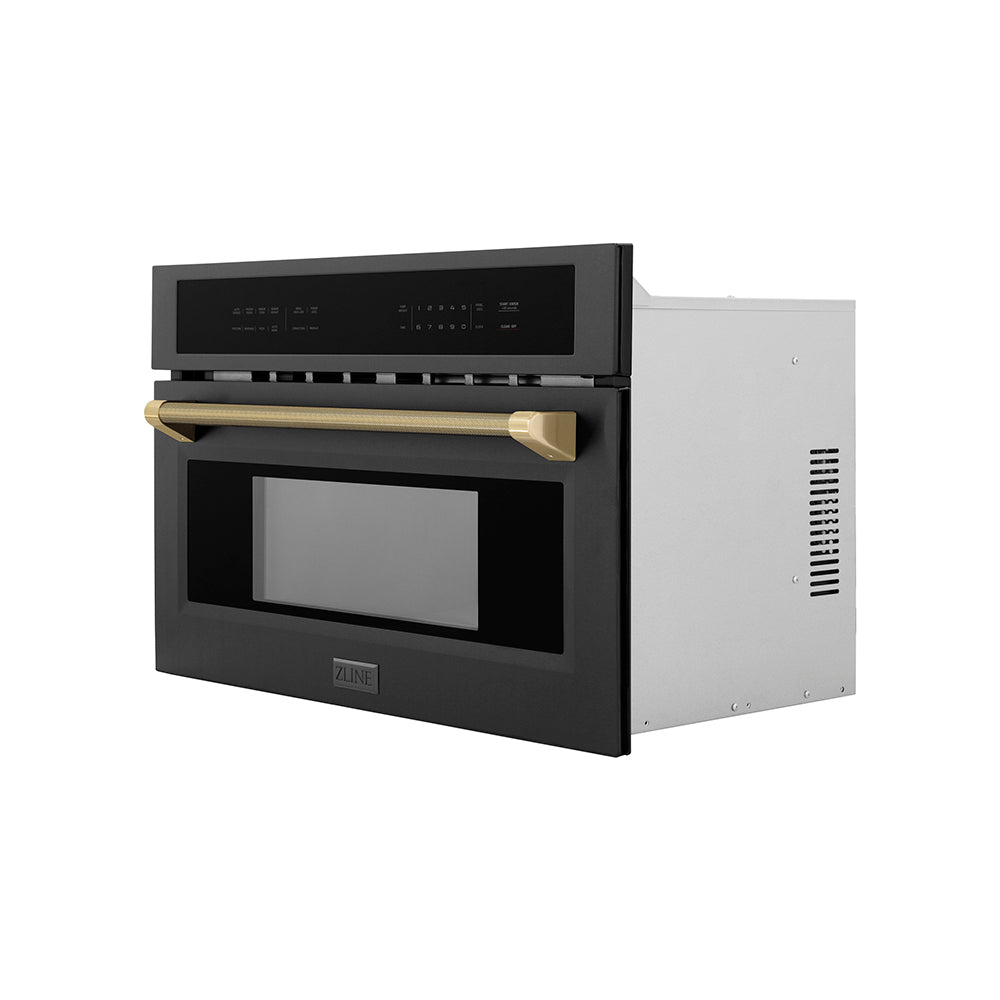 ZLINE Autograph Edition 30-inch microwave in black stainless steel and champagne bronze accents MWOZ-30-BS-KCB, side view