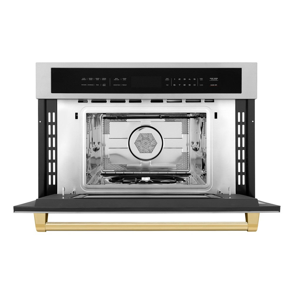 ZLINE Autograph Edition 30-inch microwave in stainless steel and polished gold accents MWOZ-30-G, front view