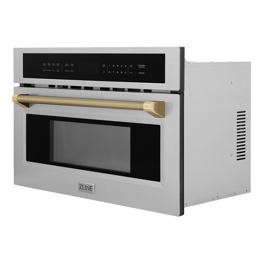 ZLINE Autograph Edition 30-inch microwave in stainless steel and champagne bronze accents MWOZ-30-KCB, side view