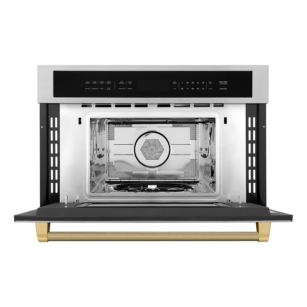 ZLINE Autograph Edition 30-inch microwave in stainless steel and polished gold accents MWOZ-30-KG, front view