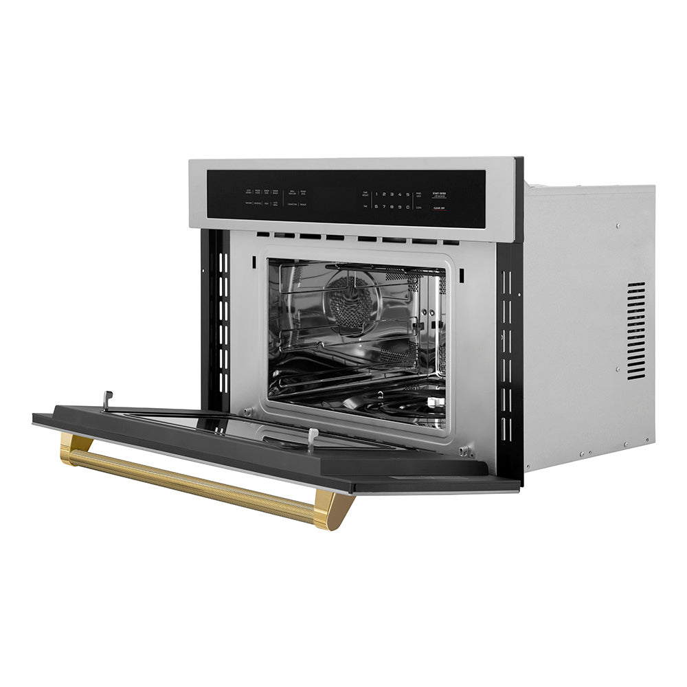 ZLINE Autograph Edition 30-inch microwave in stainless steel and polished gold accents MWOZ-30-KG, door open