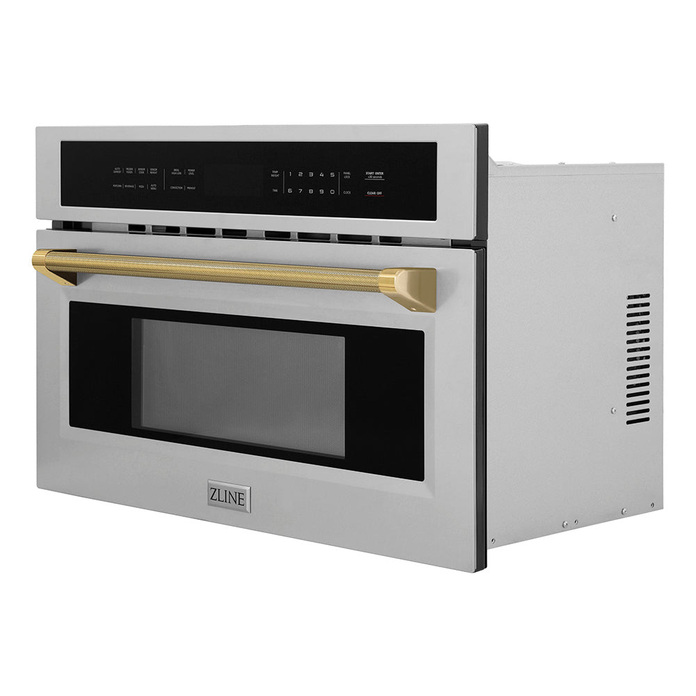ZLINE Autograph Edition 30-inch microwave in stainless steel and polished gold accents MWOZ-30-KG, side view