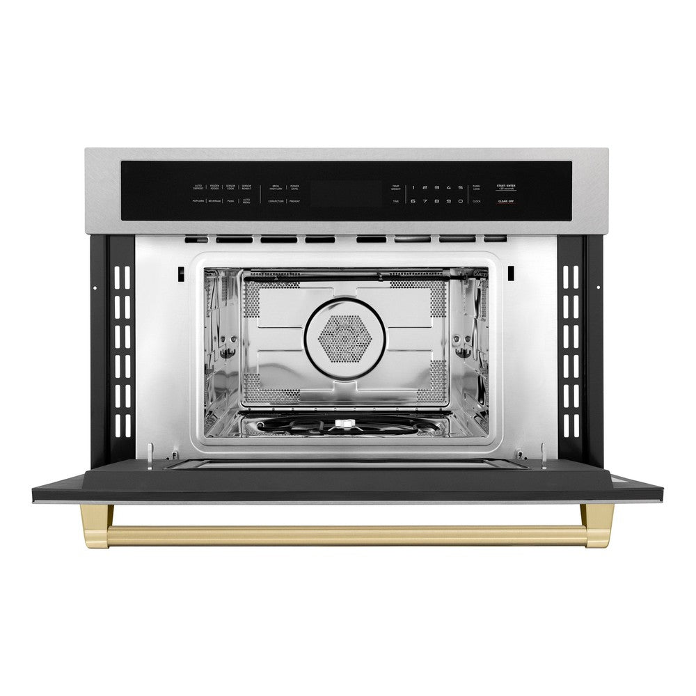 ZLINE Autograph Edition 30-inch microwave in satin stainless steel and champagne bronze accents MWOZ-30-SS-CB, front view