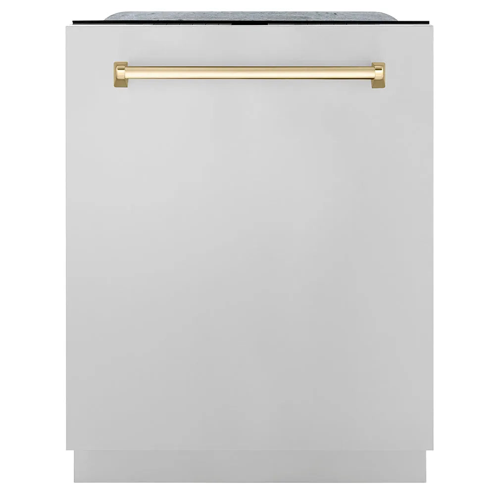 ZLINE Autograph Edition Monument 24-inch dishwasher in stainless steel and polished gold accents DWMTZ-304-24-G