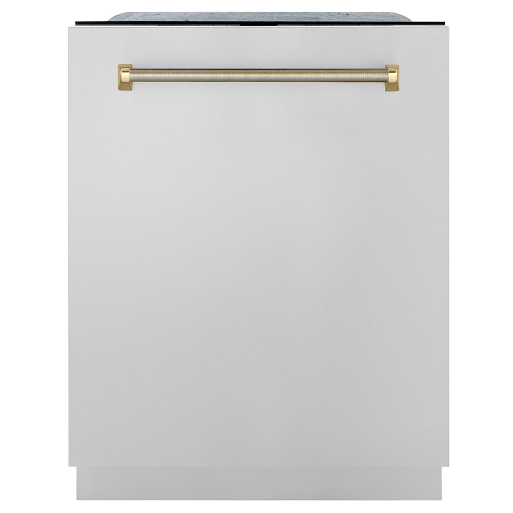 ZLINE Autograph Edition Monument 24-inch dishwasher in stainless steel and polished gold accents DWMTZ-30424-KG