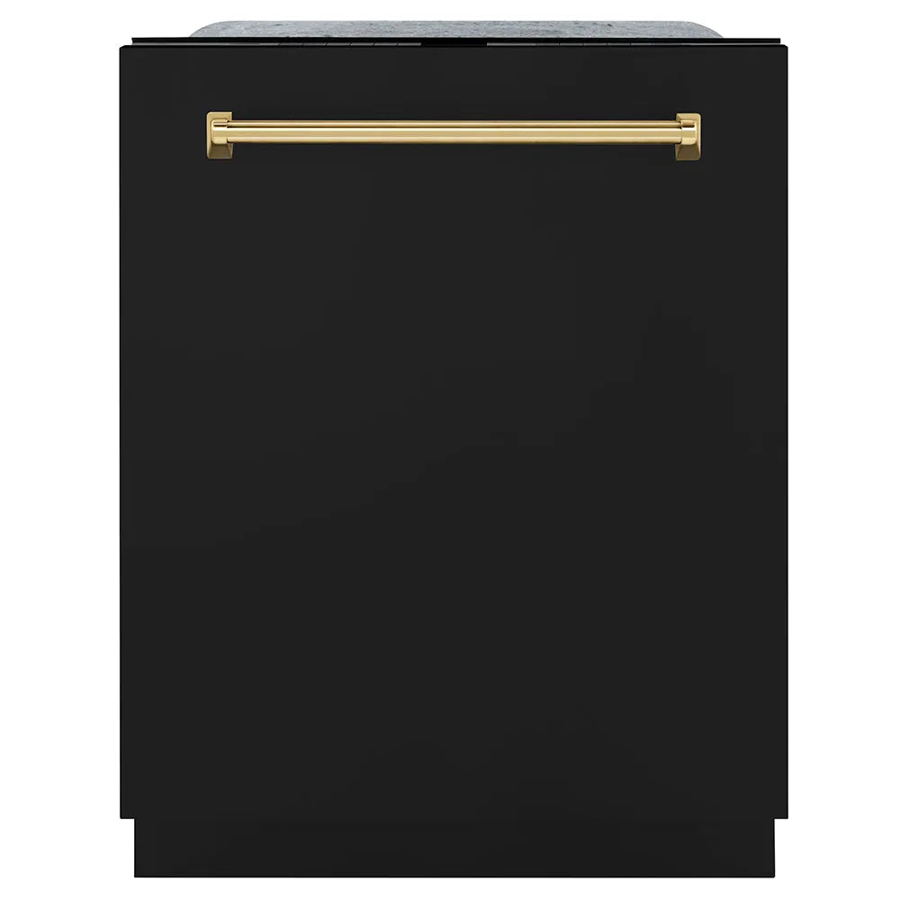 ZLINE Autograph Edition Monument 24-inch dishwasher in black matte and polished gold accents DWMTZ-BLM-24-G