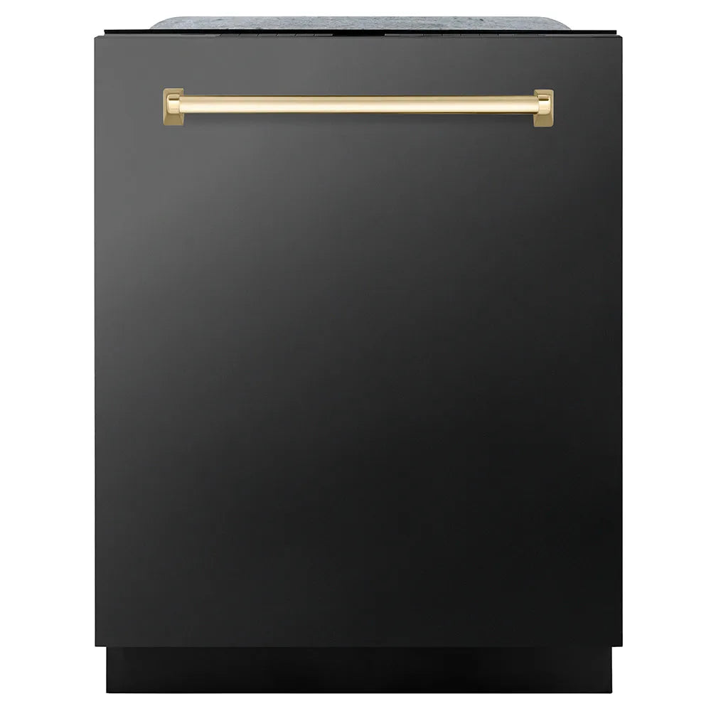 ZLINE Autograph Edition Monument 24-inch dishwasher in black stainless steel and polished gold accents DWMTZ-BS-24-G
