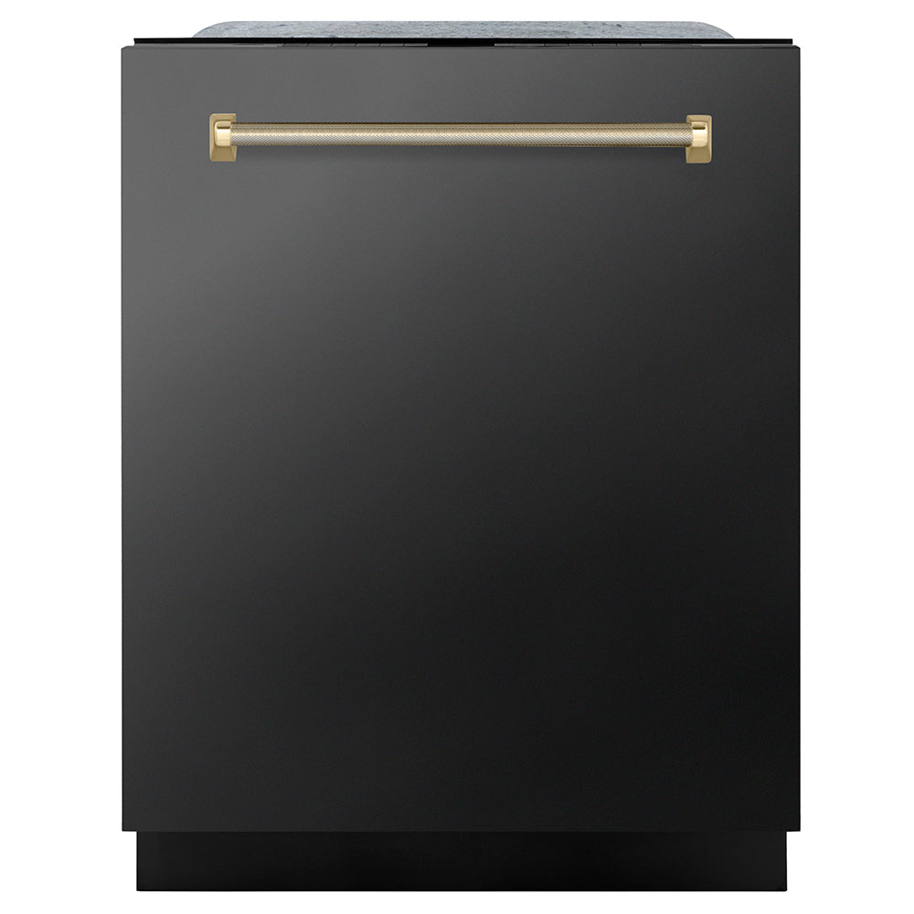 ZLINE Autograph Edition Monument 24-inch dishwasher in black stainless steel and polished gold accents DWMTZ-BS-24-KG