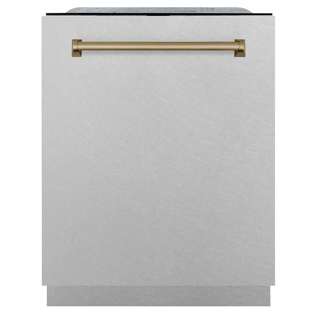 ZLINE Autograph Edition Monument 24-inch dishwasher in satin stainless steel and champagne bronze accents DWMTZ-SN-24-CB
