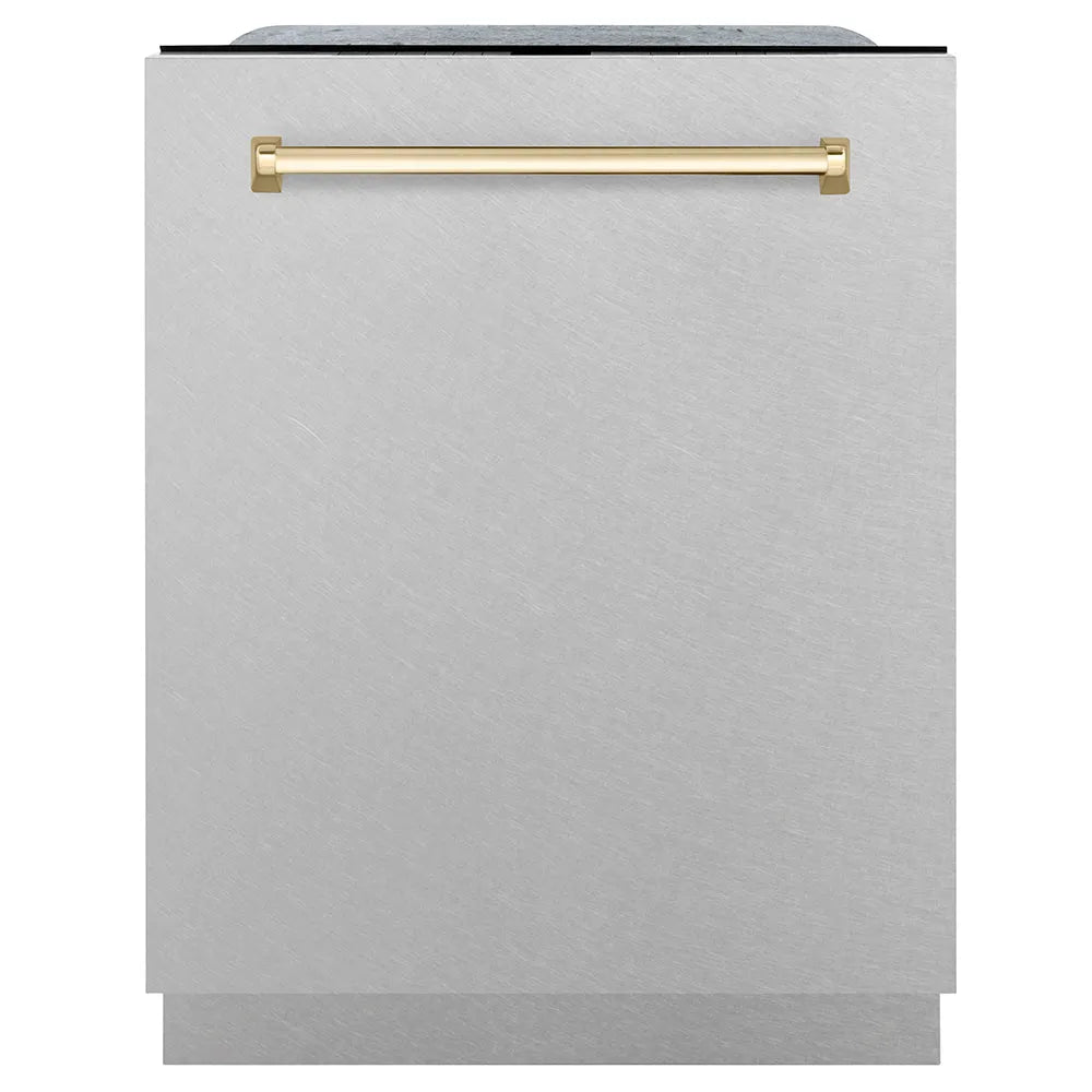 ZLINE Autograph Edition Monument 24-inch dishwasher in satin stainless steel and polished gold accents DWMTZ-SN-24-G