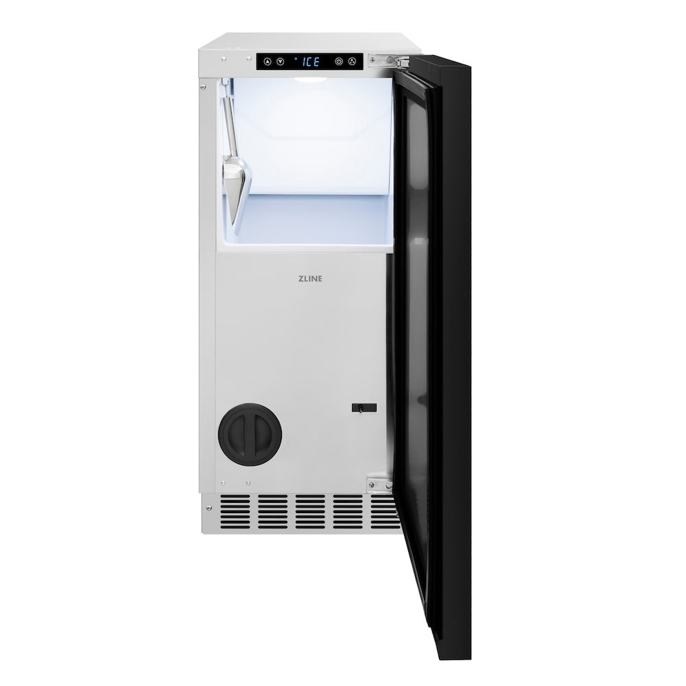 ZLINE Autograph Edition Touchstone 15-inch ice maker, panel ready and matte black accents ICCDPZ-15-MB, front view