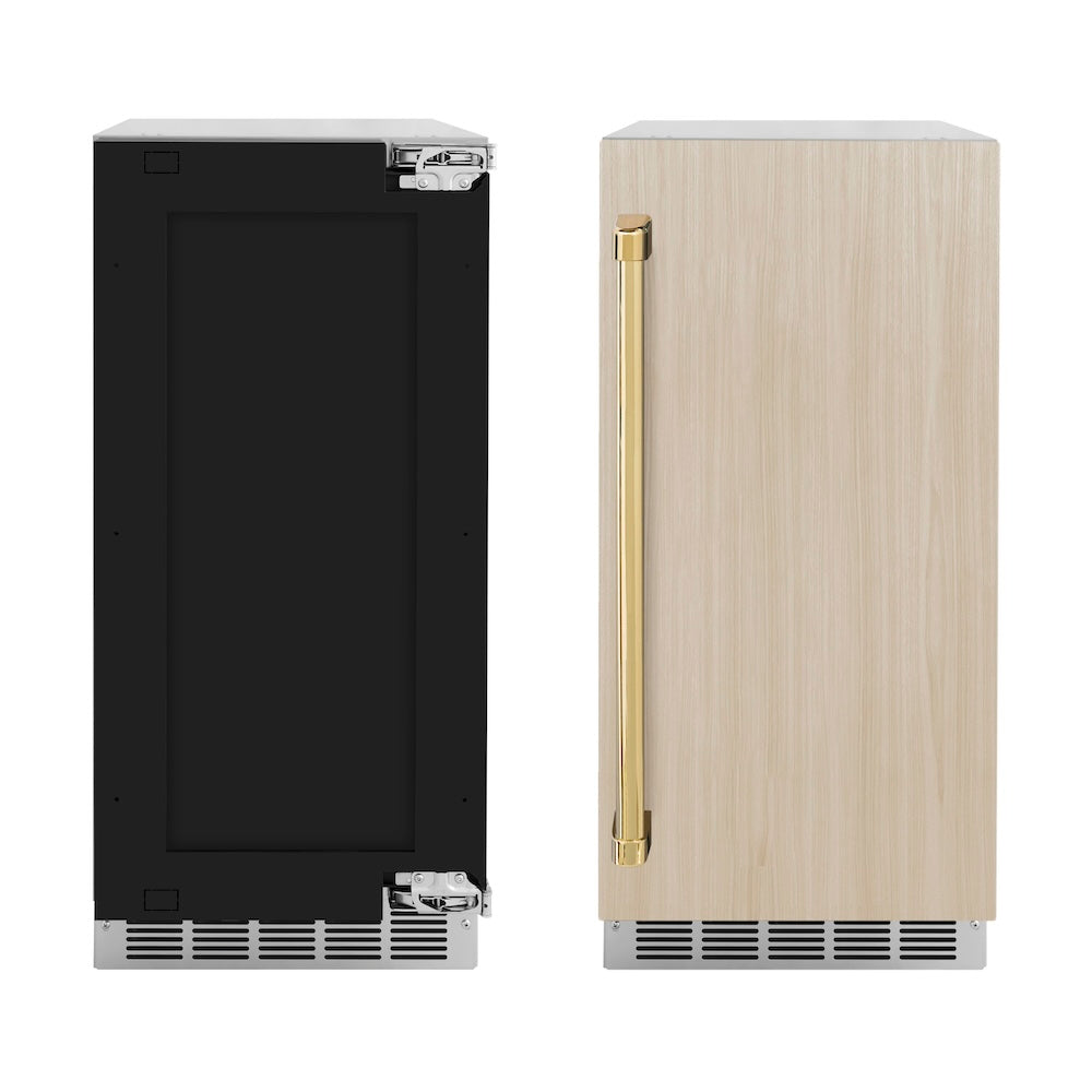 ZLINE Autograph Edition Touchstone 15-inch ice maker, panel ready and polished gold accents IGMDPZ-15-G, front view