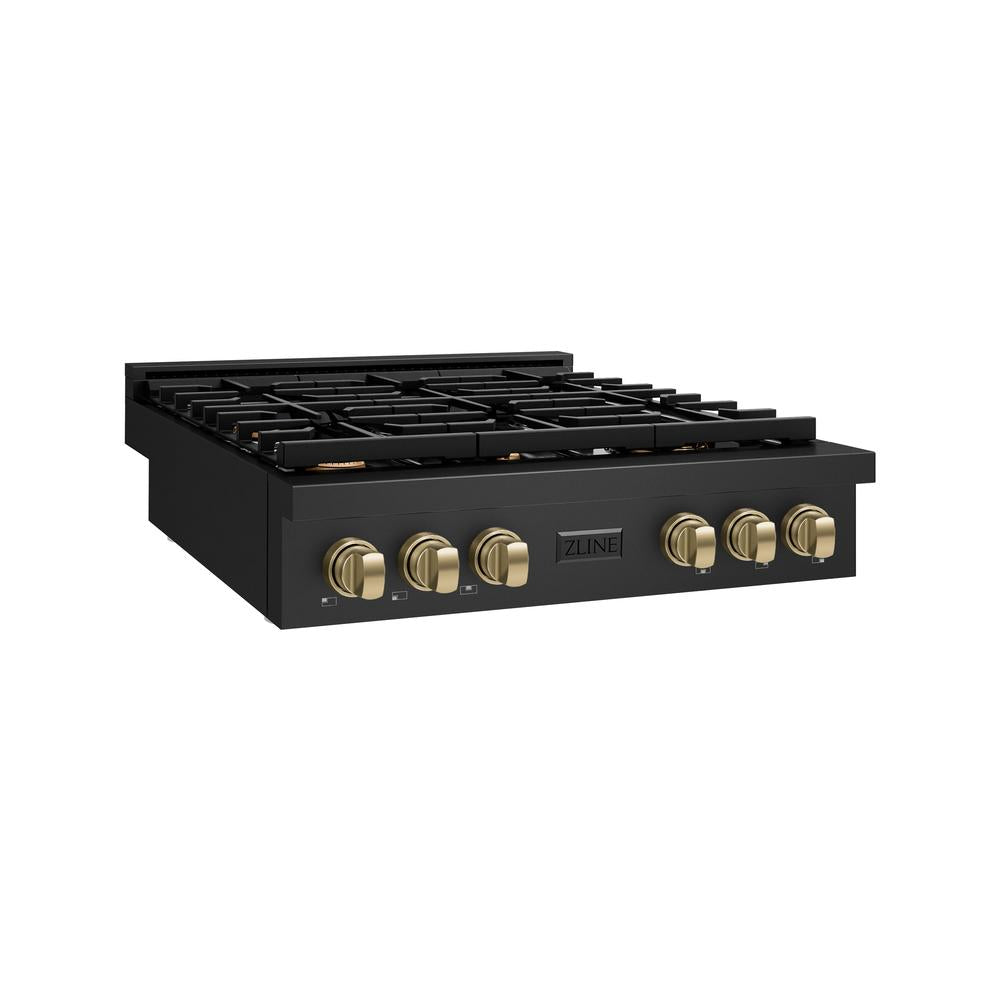 ZLINE Autograph Edition Paramount 36-inch rangetop in black stainless steel and champagne bronze accents SRTBZ-36-CB, from above