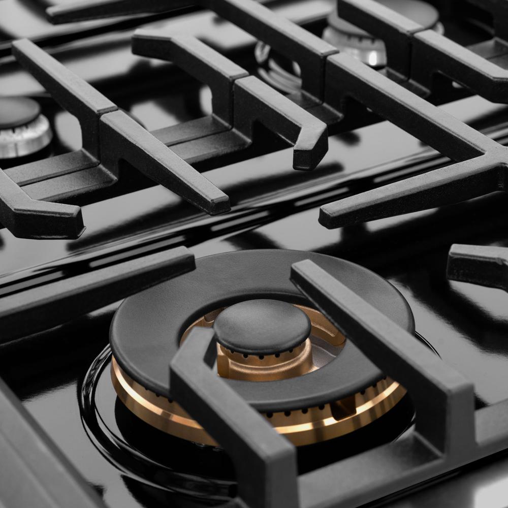 ZLINE Autograph Edition Paramount 36-inch rangetop in black stainless steel and polished gold accents SRTBZ-36-G, from above