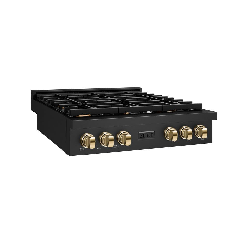 ZLINE Autograph Edition Paramount 36-inch rangetop in black stainless steel and polished gold accents SRTBZ-36-G, from above