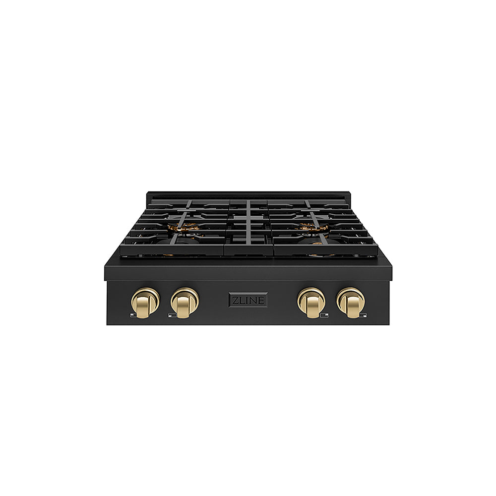 ZLINE Autograph Edition Paramount 30-inch rangetop in black stainless steel and champagne bronze accents PSRTBZ-30-CB, front view